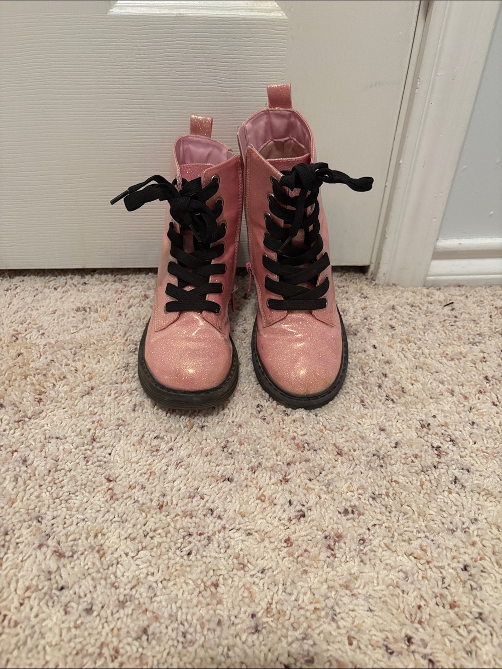 Girls Glitter Lace-Up Pink Ankle Boots